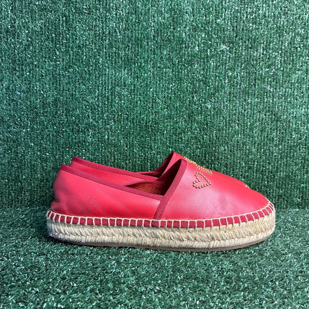 Love Moschino Leather Platform Studded Heart Jute Sole Espadrille Red Womens 8
